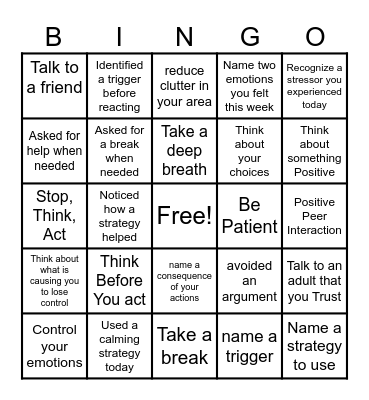 Self Control Bingo Card