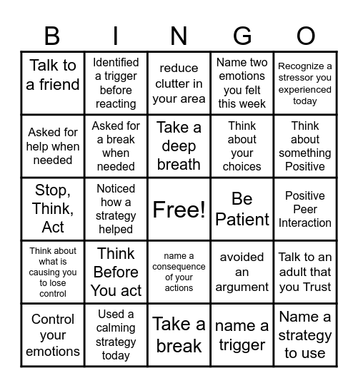 Self Control Bingo Card