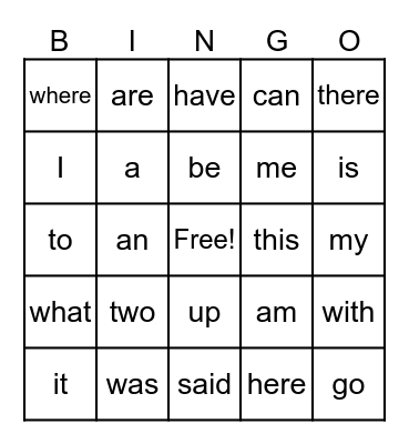 Sight Words Bingo Card