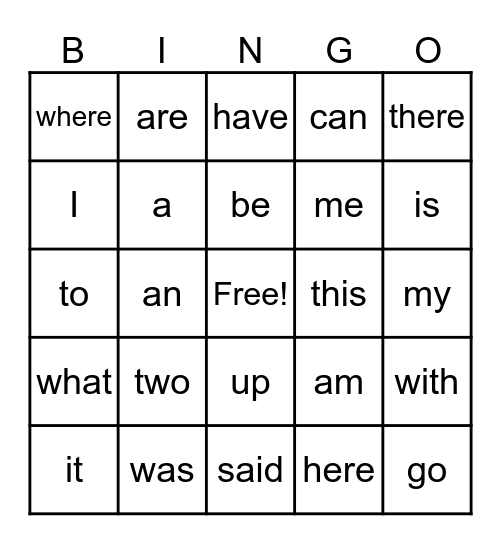 Sight Words Bingo Card