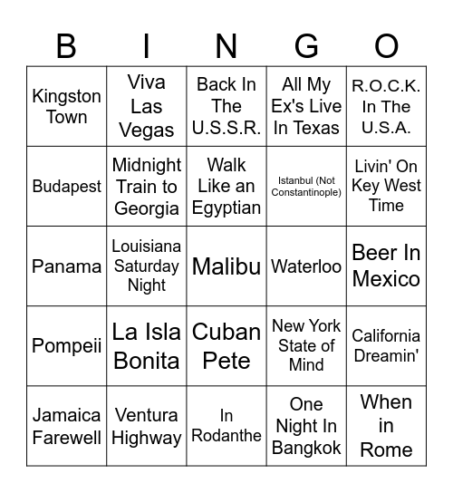 Songs About Places Bingo Card