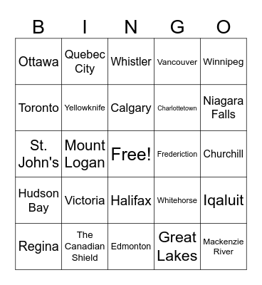 Foundations Socials 5-7: Canadian Geography Review Bingo Card