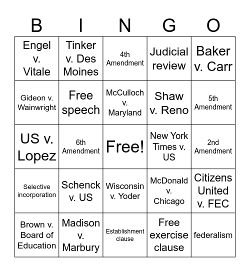 AP Gov Supreme Court Cases Bingo Card