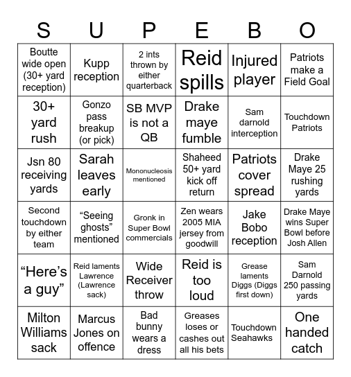 Super Bowl 60 Bingo Card