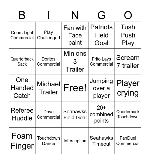 Super Bowl 60 Bingo Card