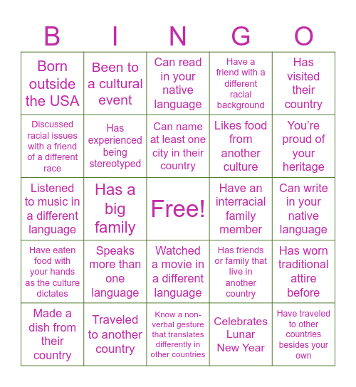 Cultural Awareness Bingo Card
