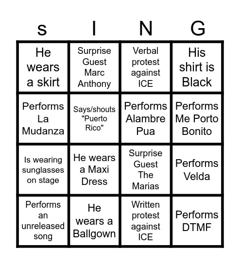 Bad Bunny Halftime Bingo Card