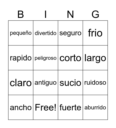 Adjetivos 5th 6th Bingo Card