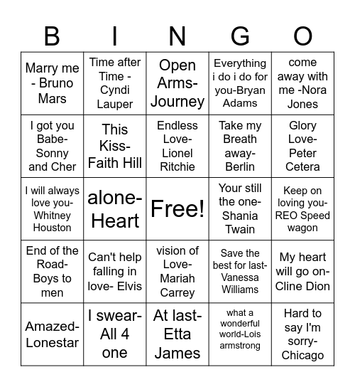 DJ DANNY : Timeless Love Songs Bingo Card