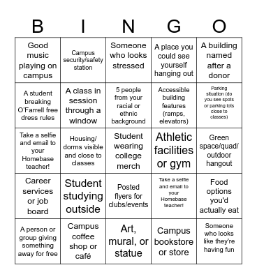 College Trip Bingo Card