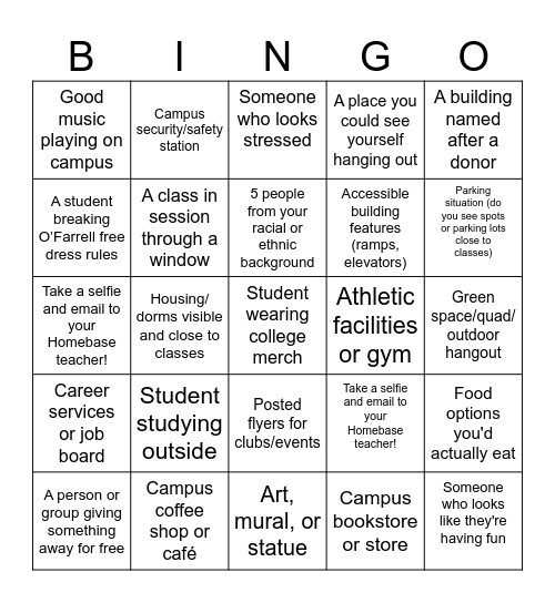 College Trip Bingo Card