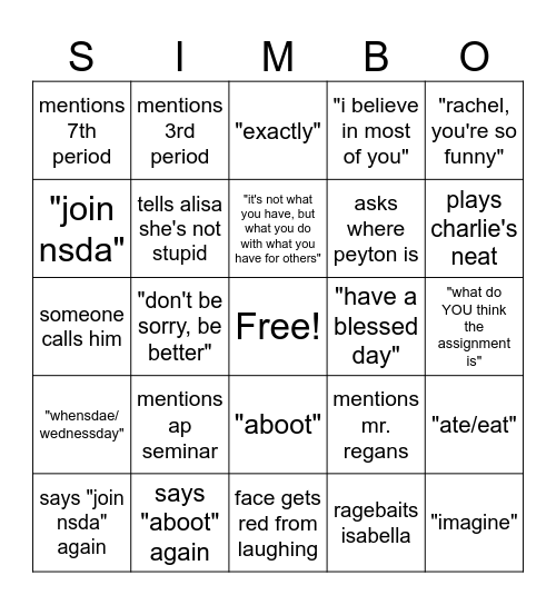 8th period Bingo Card