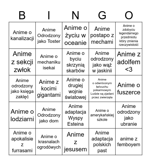 Anime bingo Card