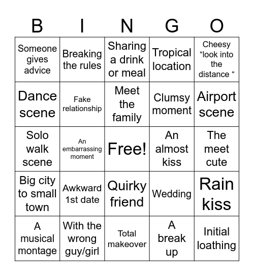 Rom Com Bingo Card