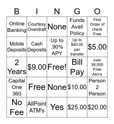 Capital One 360 Bingo Card