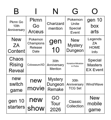Pokemon Day 2026 Bingo Card