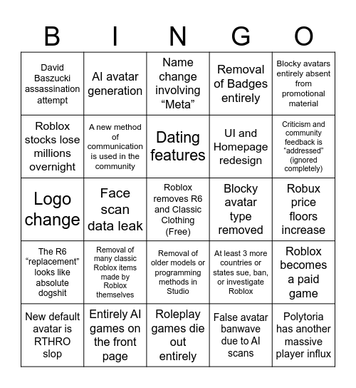 Roblox Enshittification Bingo Card