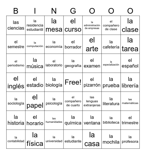 La universidad Bingo Card
