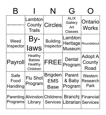 County of Lambton  Bingo Card
