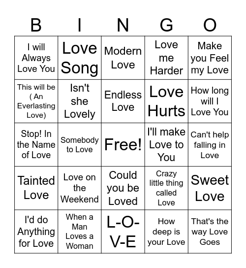 Valentine Game 1 Bingo Card