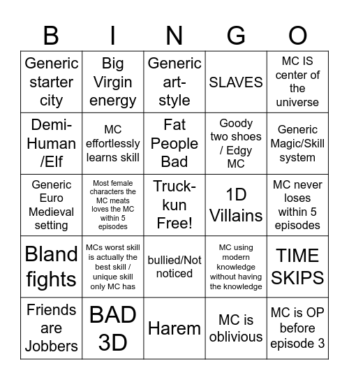 Generic isekai Bingo Card
