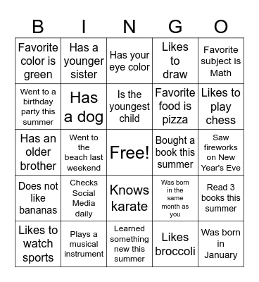 Get to Know You Bingo Card