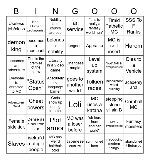 Garbage slop isekai'd Bingo Card