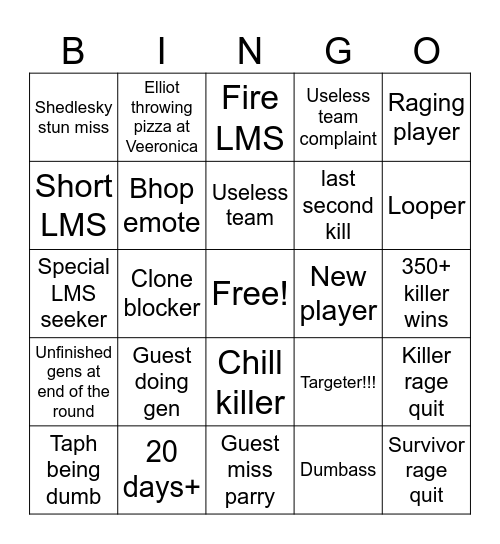 Forsaken Bingo Card