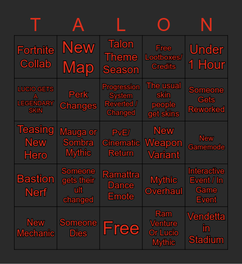 Overwatch Spotlight Bingo Card