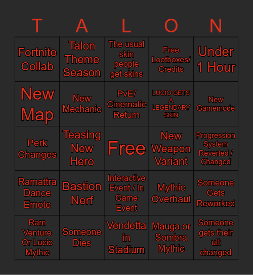 Overwatch Spotlight Bingo Card