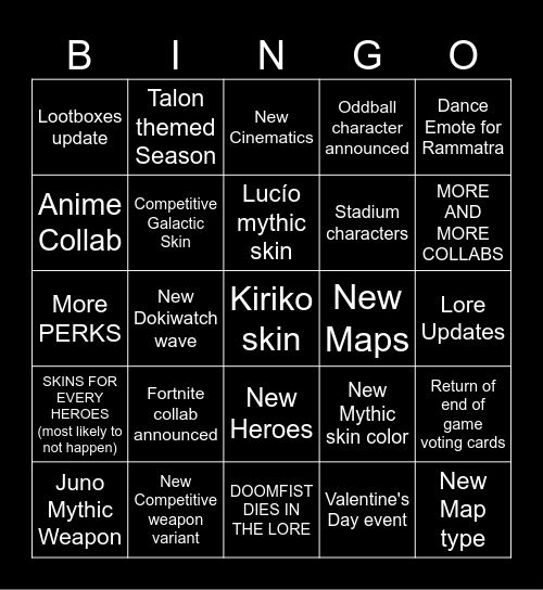 Overwatch Spotlight Bingo Card