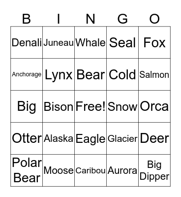 Alaska Bingo Card