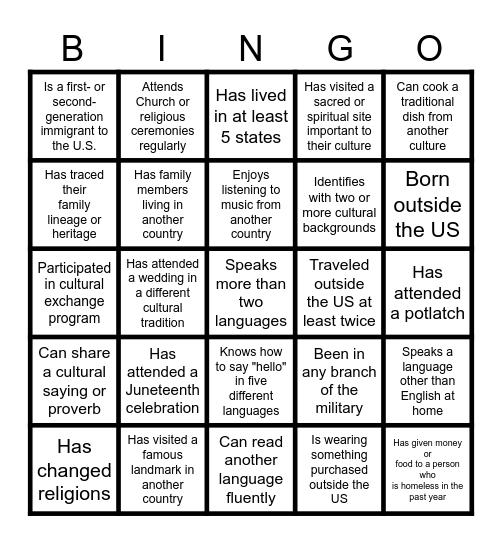 Culture Bingo Card