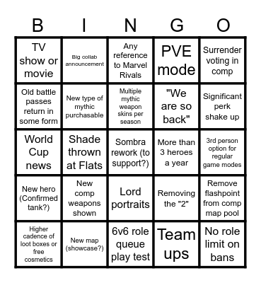 Overwatch Spotlight Bingo Card