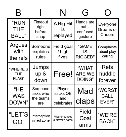 NFL Bingo Card