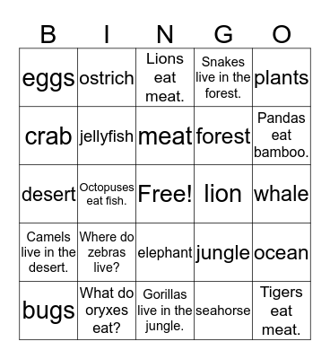 Animals_Habitat_Food Bingo Card