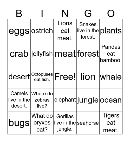 Animals_Habitat_Food Bingo Card