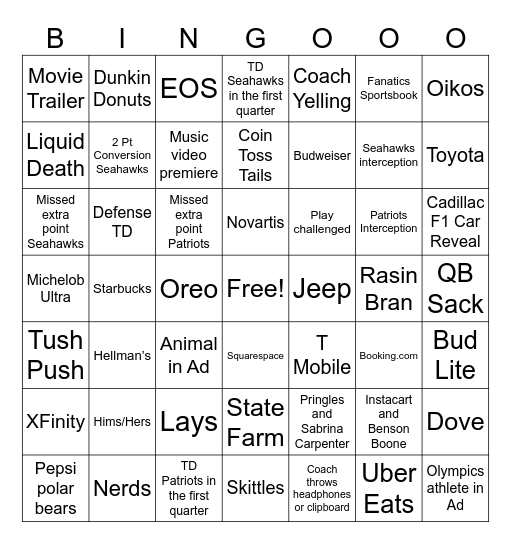 Super Bowl LX Bingo Card