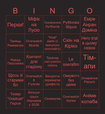 Overwatch Spotlight Bingo Card