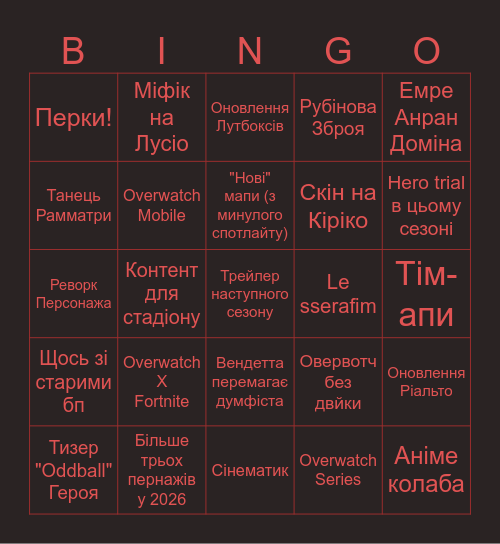 Overwatch Spotlight Bingo Card