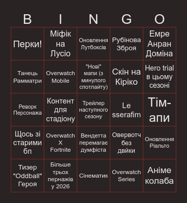 Overwatch Spotlight Bingo Card