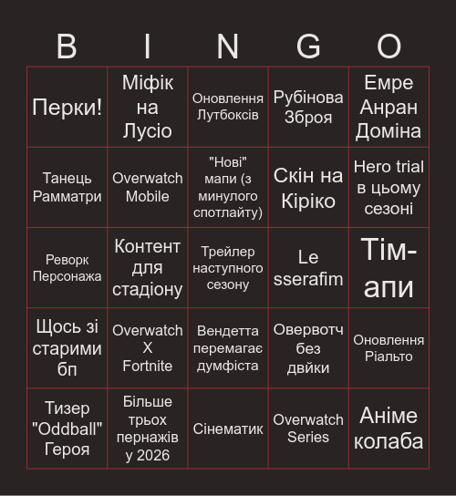 Overwatch Spotlight Bingo Card