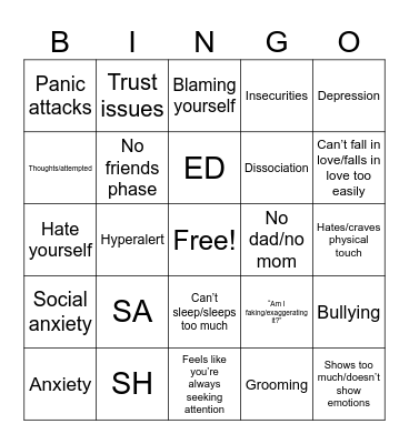 Trauma Bingo Card