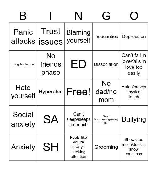Trauma Bingo Card