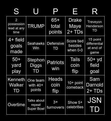 Super Bowl bingo Card
