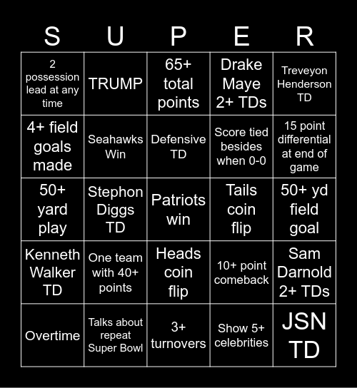Super Bowl bingo Card