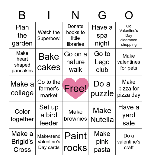 February Bucket List Bingo Card