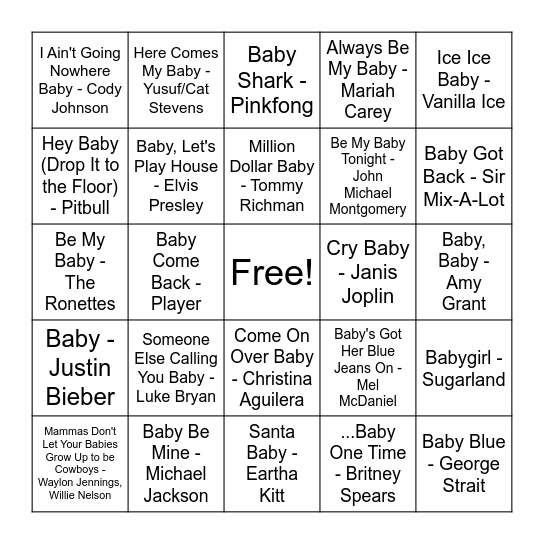 "Baby" Singo Bingo Card