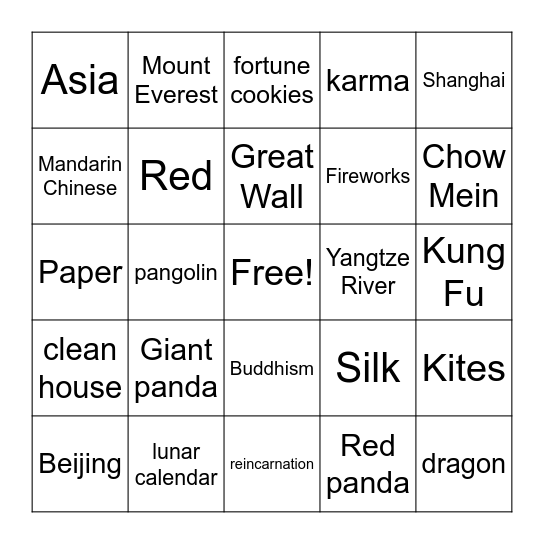 China Bingo Card