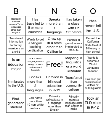 EDUC 142 Bingo Card